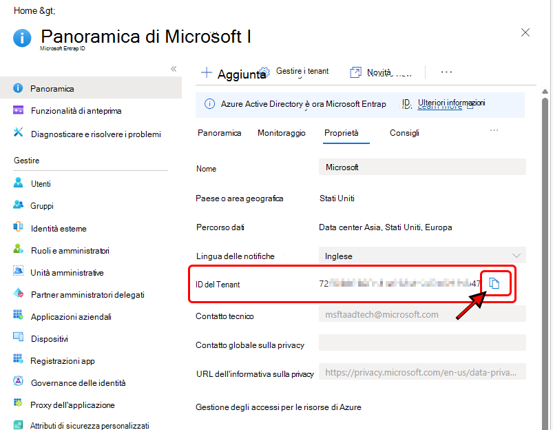 Immagine che mostra l'ID tenant nel portale di Azure