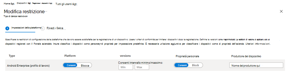 Screenshot che mostra i criteri di restrizioni di registrazione per i dispositivi Android nell'interfaccia di amministrazione Microsoft Intune.