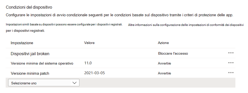 Screenshot che mostra le condizioni basate sul dispositivo in un criterio di protezione delle app nell'interfaccia di amministrazione Microsoft Intune.