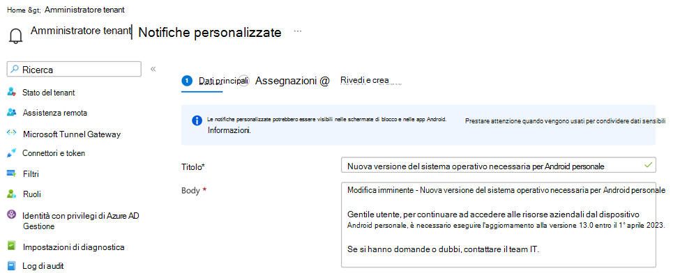 Screenshot che mostra un messaggio di notifica personalizzato nell'interfaccia di amministrazione Microsoft Intune.