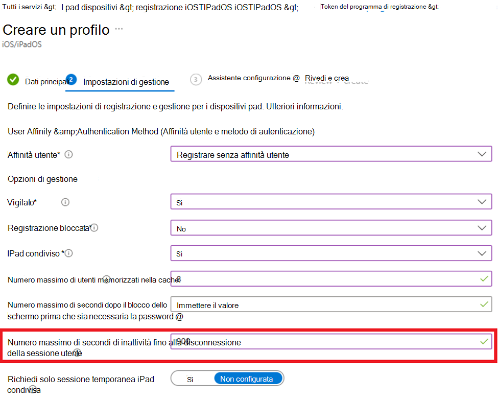 Screenshot che mostra come registrare senza affinità utente e impostare il valore di inattività per i dispositivi iOS/iPadOS nell'interfaccia di amministrazione Microsoft Intune.