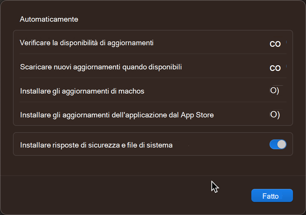 Impostazioni e controlli di aggiornamento predefiniti del sistema operativo in un dispositivo Apple macOS.