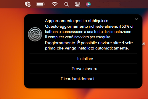 Richiesta di notifica di esempio per un aggiornamento obbligatorio in un dispositivo Apple macOS.