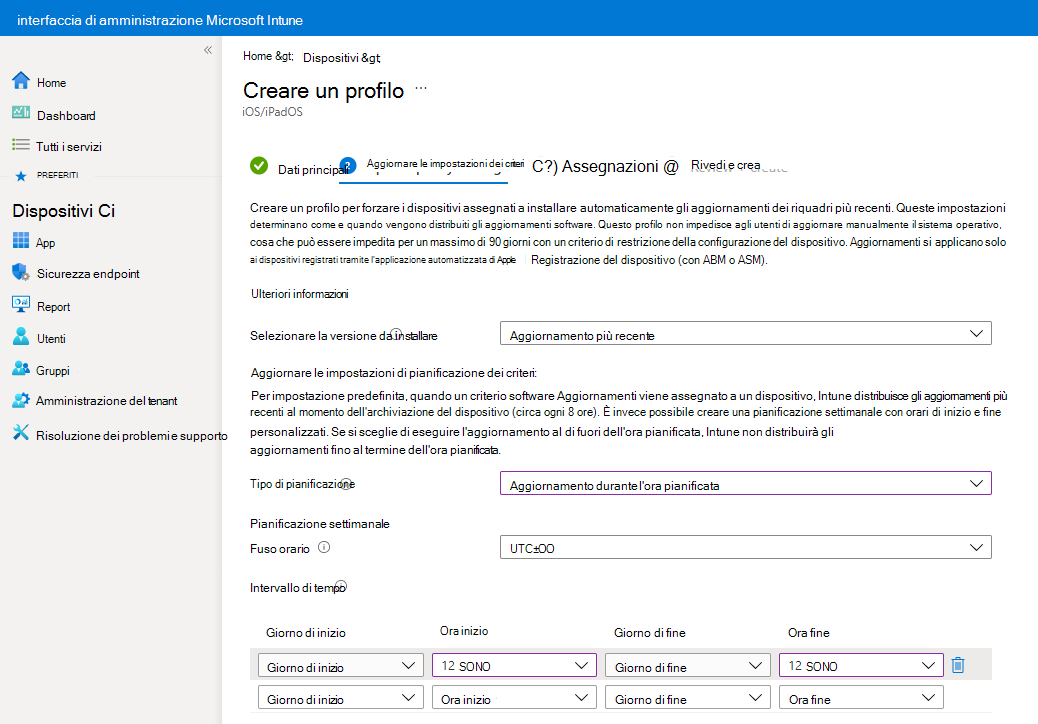 Screenshot che mostra la selezione di installare un aggiornamento durante l'ora pianificata in un criterio di aggiornamento in Microsoft Intune.