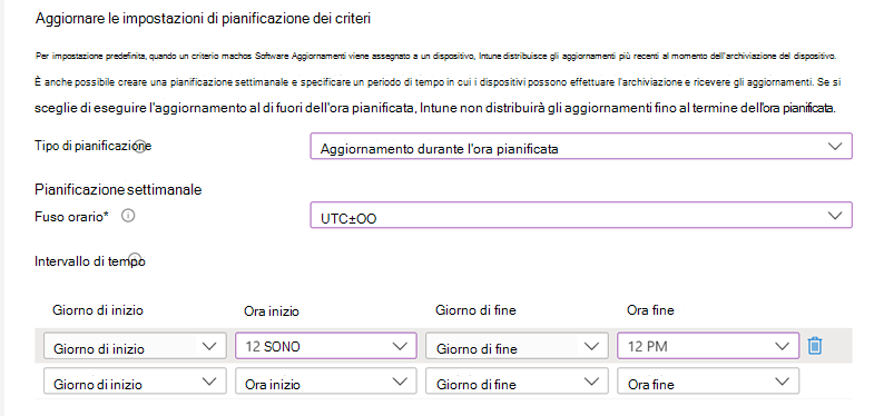 Acquisizione schermata delle impostazioni di pianificazione dei criteri di aggiornamento.