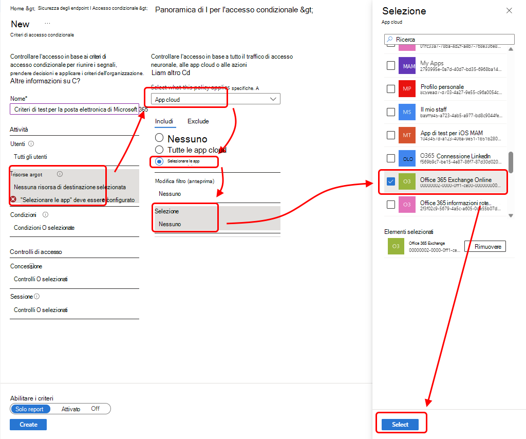 Selezionare Office 365 Exchange Online da aggiungere al criterio.