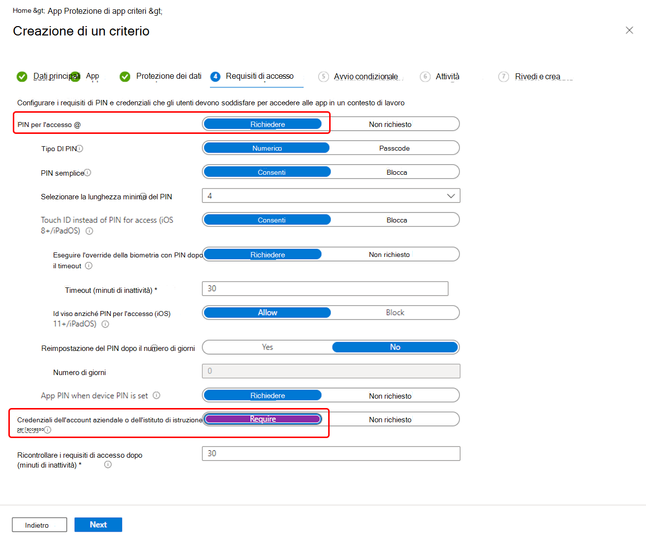 Selezionare le azioni di accesso ai criteri di protezione delle app di Outlook.