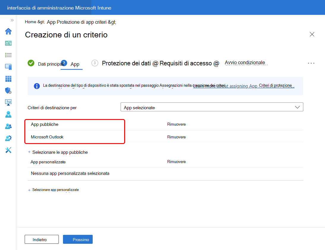 Selezionare Outlook per aggiungerlo all'elenco App pubbliche per questo criterio.