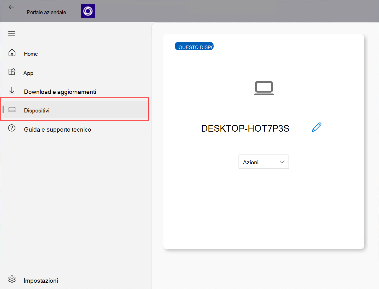 Screenshot dell'app Portale aziendale per Windows che evidenzia l'opzione 