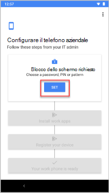 Immagine di esempio della schermata Configura il telefono aziendale, evidenziando il pulsante Imposta.