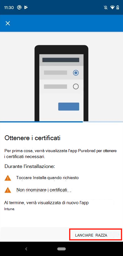 Screenshot del prompt dell'app Intune per aprire l'app DISA Purebred.