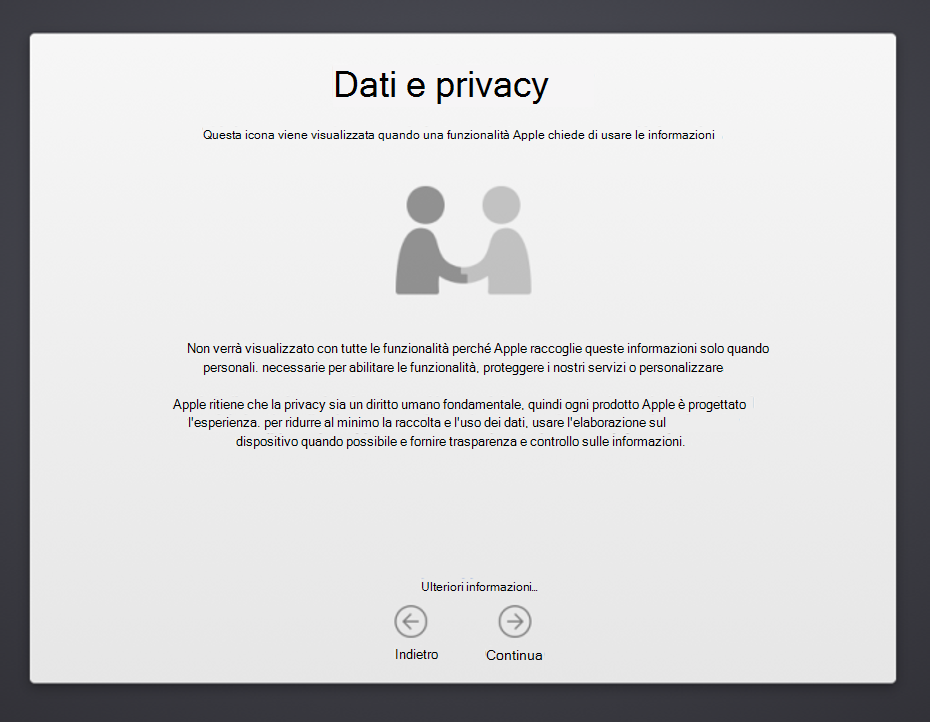 Screenshot della schermata Data & Privacy dell'Assistente configurazione del dispositivo macOS, che mostra un'illustrazione di due persone che si stringono la mano e descrive l'uso delle informazioni personali da parte di Apple. Mostra anche un pulsante Indietro e Continua.