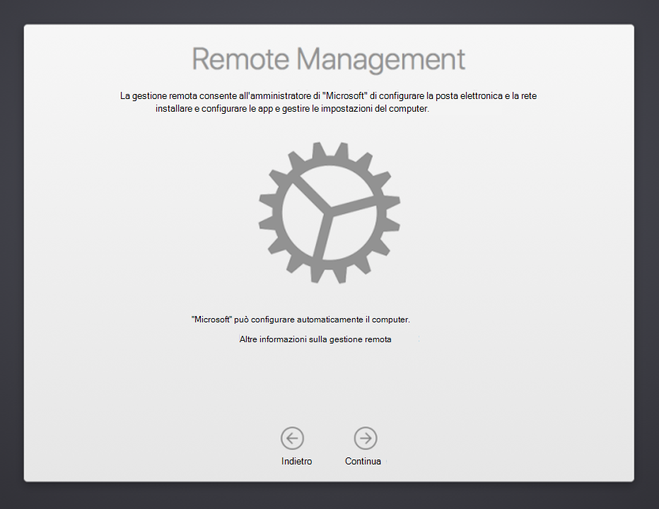 Screenshot della schermata Gestione remota assistente configurazione dispositivi macOS, con testo che illustra la gestione remota e un collegamento alla documentazione per altre informazioni. Mostra anche un pulsante Indietro e un pulsante Continua.