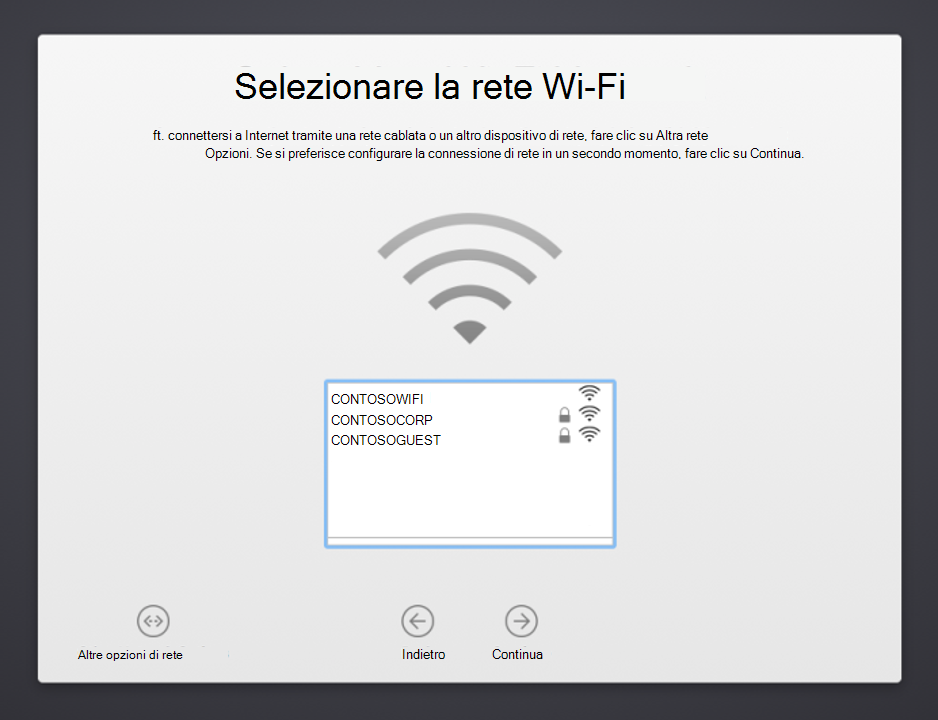 Screenshot della schermata Select Your Wi-Fi Network (Selezionare la rete di Wi-Fi) di MacOS Device Setup Assistant, che mostra un elenco di reti disponibili tra cui scegliere. Mostra anche un pulsante Altre opzioni di rete, il pulsante Indietro e il pulsante Continua.