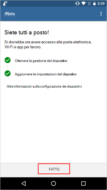 Screenshot di Portale aziendale, schermata Configurazione accesso aziendale, che mostra l'installazione completata e il pulsante Fine evidenziato.