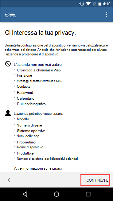 Screenshot di Portale aziendale, Ci interessa la schermata della privacy, evidenziando il pulsante Continua.