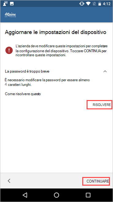 Screenshot di Portale aziendale, Aggiornare le impostazioni del dispositivo, evidenziando i pulsanti Risolvi e Continua.