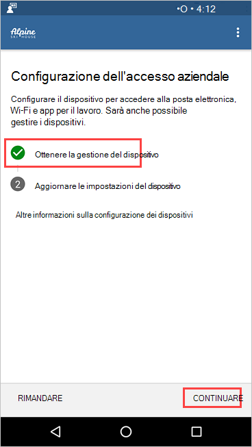 Screenshot di Portale aziendale schermata Configurazione accesso aziendale che mostra Il completamento della gestione del dispositivo.