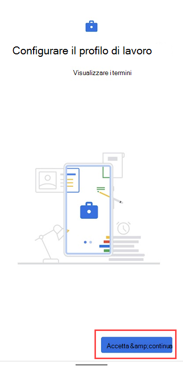 Screenshot di Portale aziendale che mostra il collegamento alle condizioni di Google ed evidenzia il pulsante Accetta & continua.