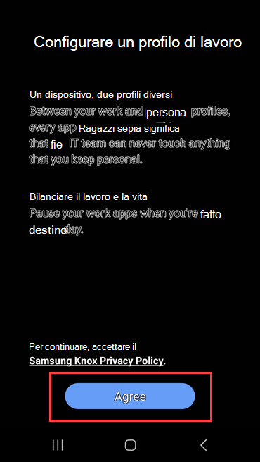 Screenshot di Portale aziendale che mostra il collegamento all'Informativa sulla privacy di Samsung Knox ed evidenzia il pulsante Accetta.