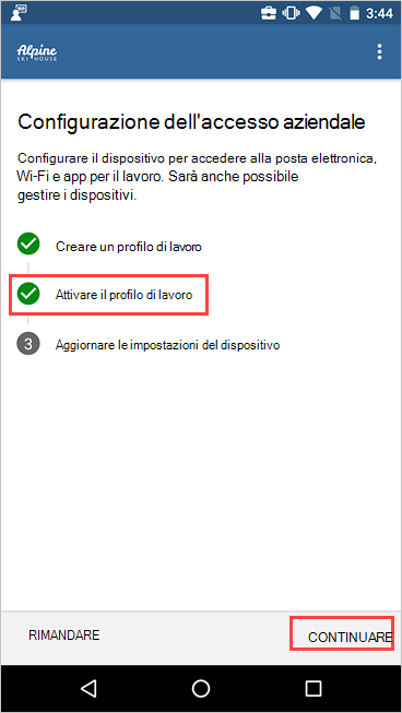 Screenshot del programma di installazione di Accesso aziendale che mostra che il profilo di lavoro è attivo.