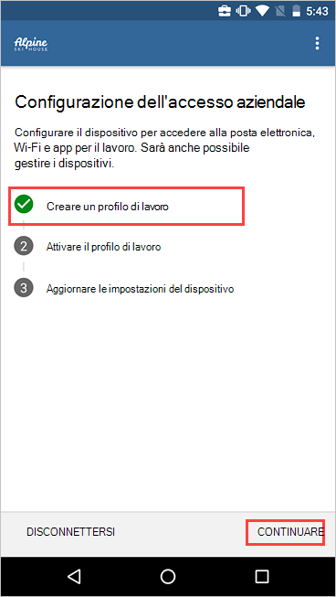 Screenshot del programma di installazione di Accesso aziendale che mostra la creazione del profilo di lavoro.