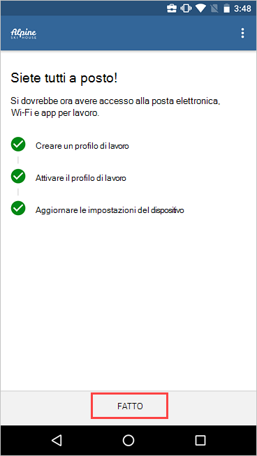 Screenshot della schermata Configurazione accesso aziendale di Portale aziendale, che mostra l'installazione completata e il pulsante Fine evidenziato.