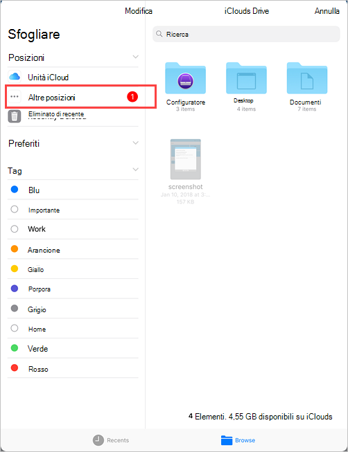 Screenshot di esempio di iCloud Drive, menu Sfoglia che evidenzia l'opzione Altre posizioni.