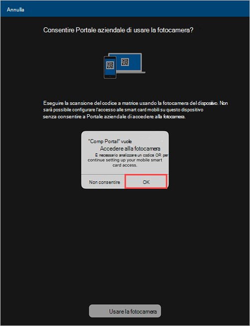 Screenshot di esempio di una richiesta di Portale aziendale, che chiede l'autorizzazione per consentire l'accesso alla fotocamera.