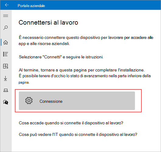 Immagine di esempio di Portale aziendale > schermata Connetti al lavoro che evidenzia il pulsante Connetti.