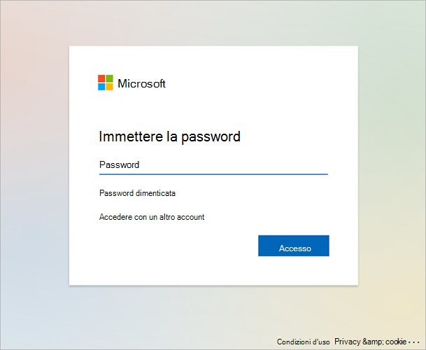 Immagine di esempio della schermata di autenticazione Microsoft che richiede all'utente di immettere la password.