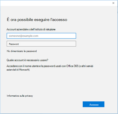 Screenshot della schermata di accesso Office 365 per l'account aziendale o dell'istituto di istruzione.