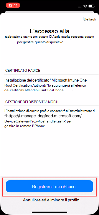 Screenshot di esempio dell'app Impostazioni, schermata Registrazione utente, che evidenzia il pulsante di registrazione.