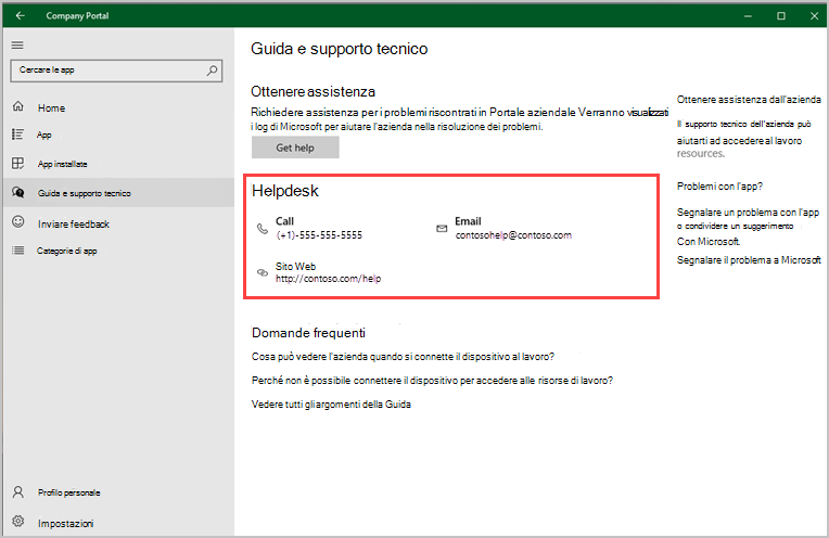 Screenshot dell'app Portale aziendale per Windows, pagina Guida & supporto tecnico, evidenziando la sezione Helpdesk.