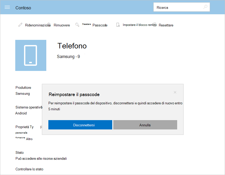 Screenshot di esempio che mostrano un prompt per disconnettersi dal Portale aziendale. I pulsanti per l'input dell'utente sono Disconnetti e Annulla.