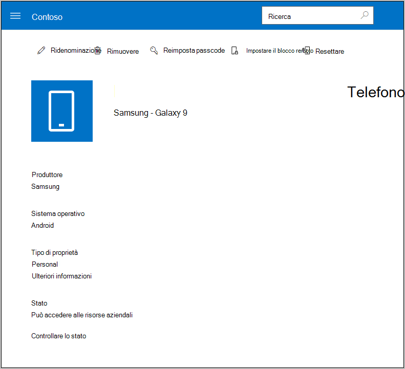 Pagina dei dettagli del dispositivo per un dispositivo selezionato nel sito Web Portale aziendale, con un elenco di collegamenti nella parte superiore che mostra Rinomina, Rimuovi, Reimposta dispositivo, Reimposta passcode e Blocco remoto.