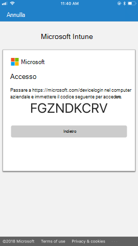 Vengono fornite istruzioni per passare alla https://microsoft.com/devicelogin pagina, con un passcode univoco, dal computer di lavoro, quindi per usare il codice per accedere.