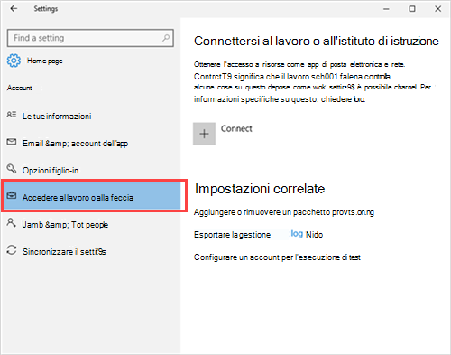 Screenshot della sezione Impostazioni dell'account dell'app Impostazioni che evidenzia l'opzione Access work or school con un rettangolo rosso.