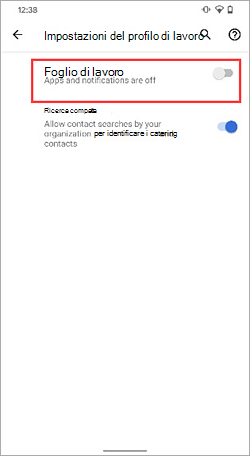 Screenshot dell'interruttore di attivazione/disattivazione del profilo di lavoro disattivato nelle impostazioni del dispositivo Google Pixel 4.