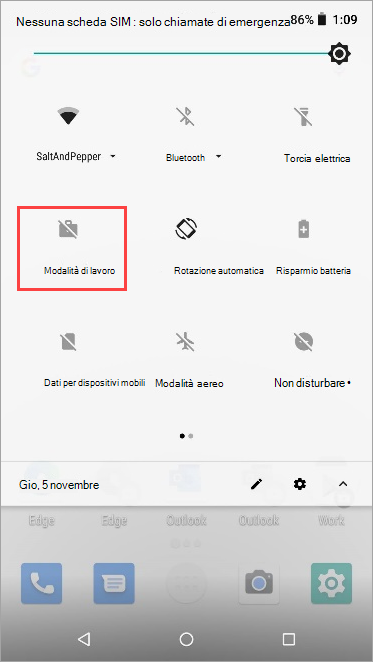 Screenshot dell'icona della modalità di lavoro inattiva nelle impostazioni rapide di Nexus 5X.