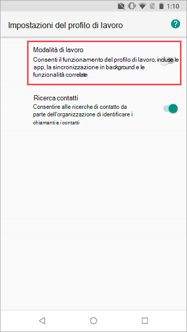 Screenshot dell'interruttore di attivazione/disattivazione profilo di lavoro attivato nelle impostazioni del dispositivo Nexus 5X.