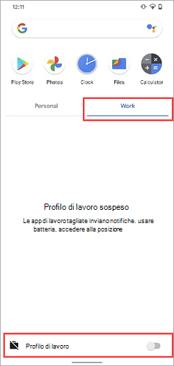 Screenshot dell'interruttore del profilo di lavoro disattivato nel launcher di un dispositivo Samsung Galaxy S20.