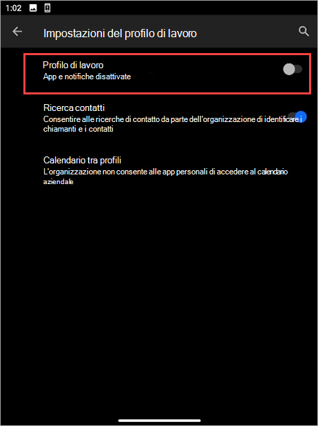 Screenshot dell'interruttore di attivazione/disattivazione del profilo di lavoro disattivato nelle impostazioni del dispositivo Surface Duo.