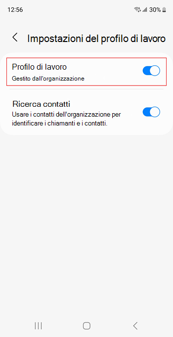 Screenshot dell'interruttore di attivazione/disattivazione del profilo di lavoro attivato nelle impostazioni del dispositivo Samsung Galaxy S20.