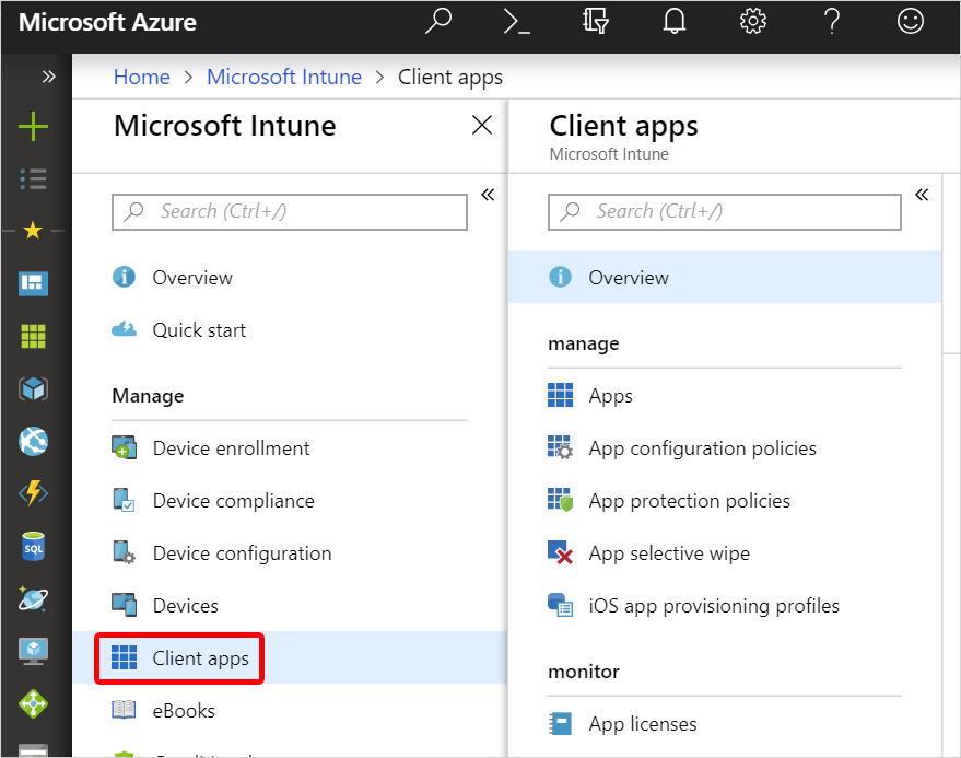 Screenshot delle azioni di accesso alla protezione delle app Intune