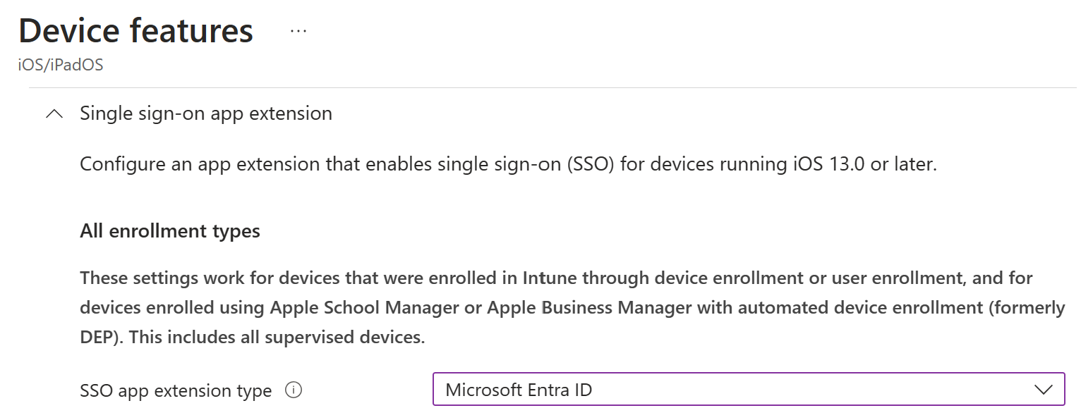 Screenshot che mostra il tipo di estensione dell'app SSO e l'ID Microsoft Entra per iOS/iPadOS in Intune.