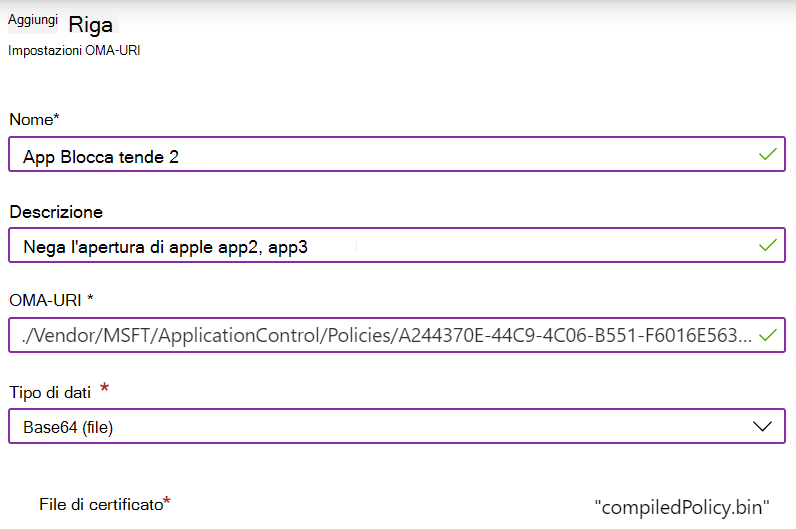 Aggiungere un URI OMA personalizzato per configurare applicationcontrol CSP in Microsoft Intune.