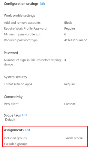 Screenshot che mostra come selezionare le assegnazioni per distribuire il profilo a utenti e gruppi in Microsoft Intune.