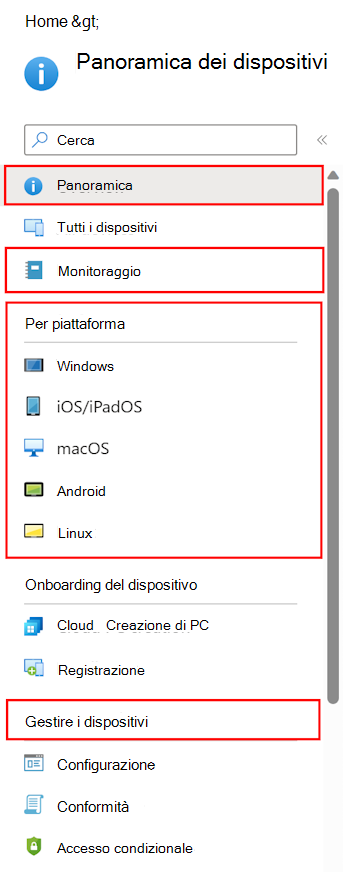 Screenshot che mostra come selezionare i Dispositivi per vedere cosa è possibile configurare e gestire in Microsoft Intune.