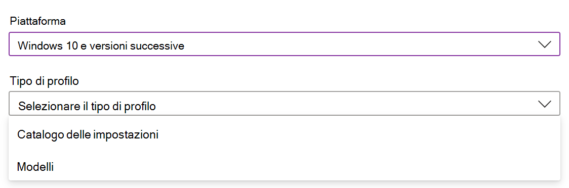 Screenshot che mostra come creare un profilo e criteri di configurazione dei dispositivi Windows in Microsoft Intune.